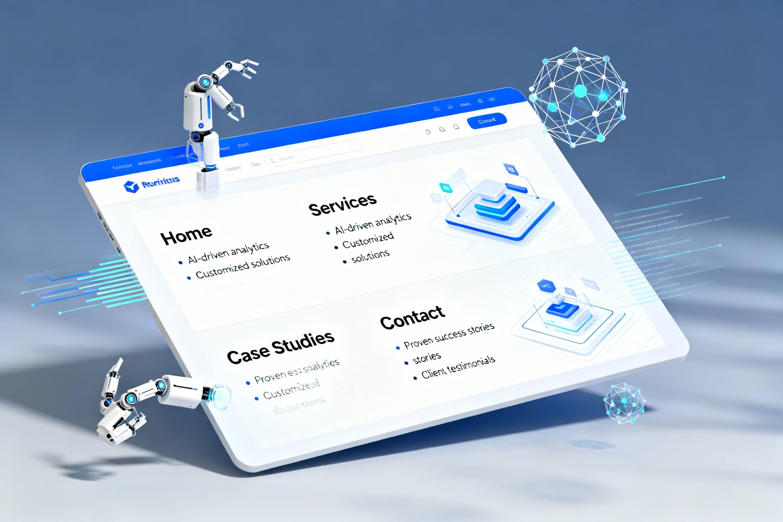 A conceptual image showing a business website transforming, with clear sections and bullet points highlighted on a webpage, surrounded by AI elements