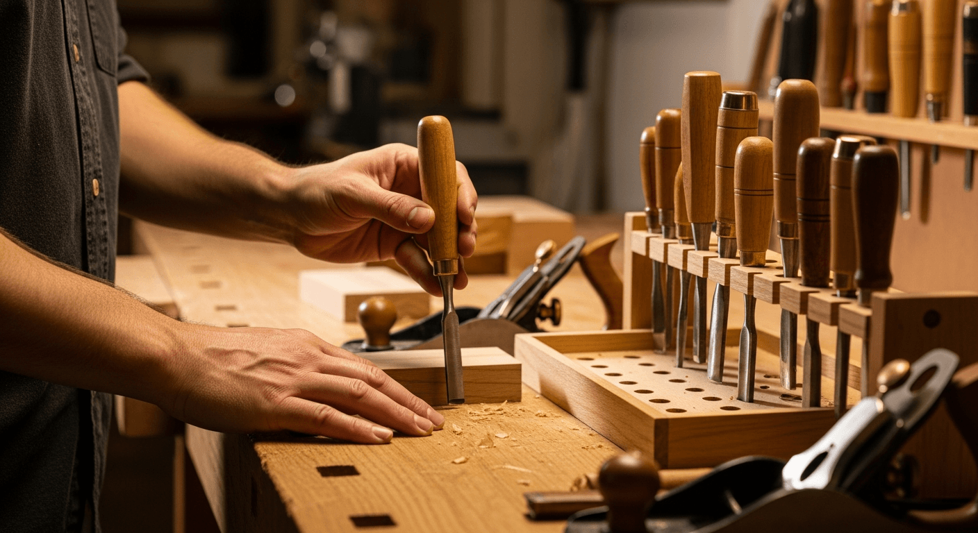 Craftsperson selecting a woodworking tool from a workbench