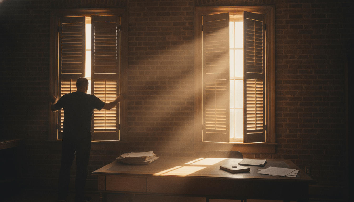 Man opening wooden window shutters, letting morning light into a dark brick-walled office
