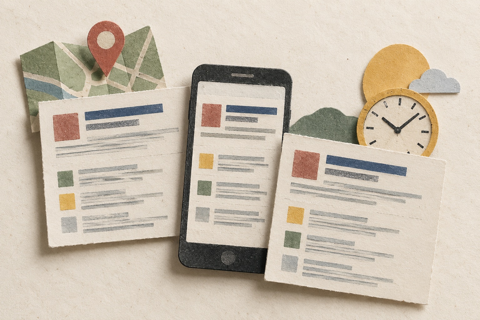 Paper collage of search results beside a map, phone, and clock