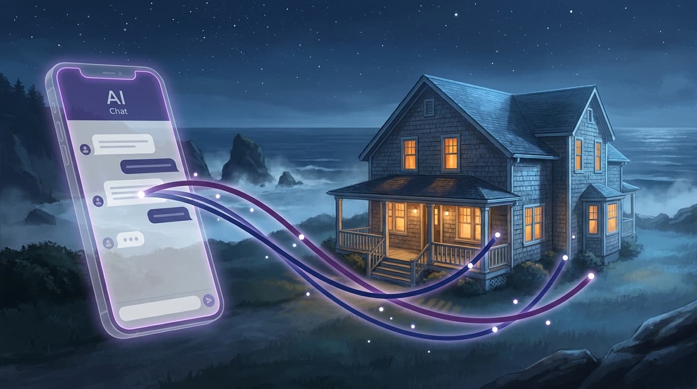 dark navy background, glowing connection visualization between a chat interface and a coastal inn
